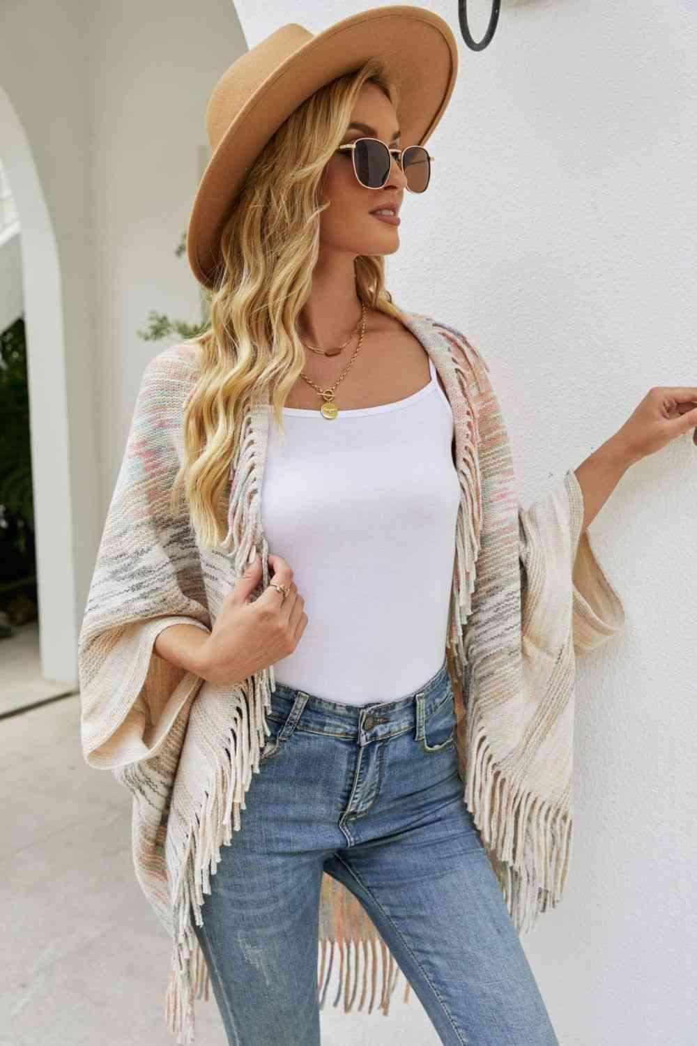 Bohemian Warmth Open Front Fringe Poncho - MXSTUDIO.COM