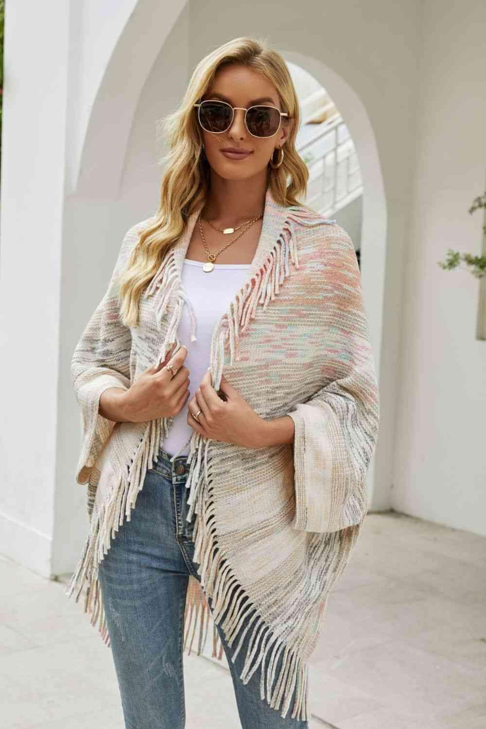 Bohemian Warmth Open Front Fringe Poncho - MXSTUDIO.COM