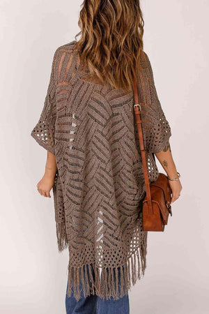 Boho Beauty Open Front Open Knit Fringe Cardigan-MXSTUDIO.COM