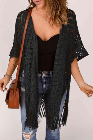 Boho Beauty Open Front Open Knit Fringe Cardigan-MXSTUDIO.COM