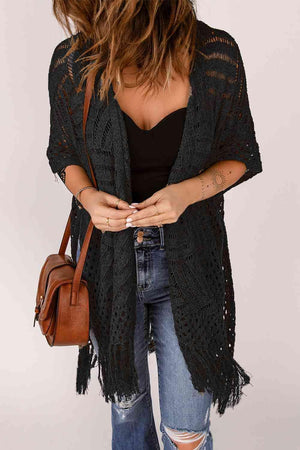 Boho Beauty Open Front Open Knit Fringe Cardigan-MXSTUDIO.COM