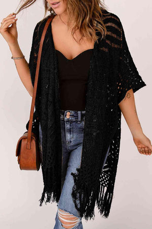 Boho Beauty Open Front Open Knit Fringe Cardigan-MXSTUDIO.COM