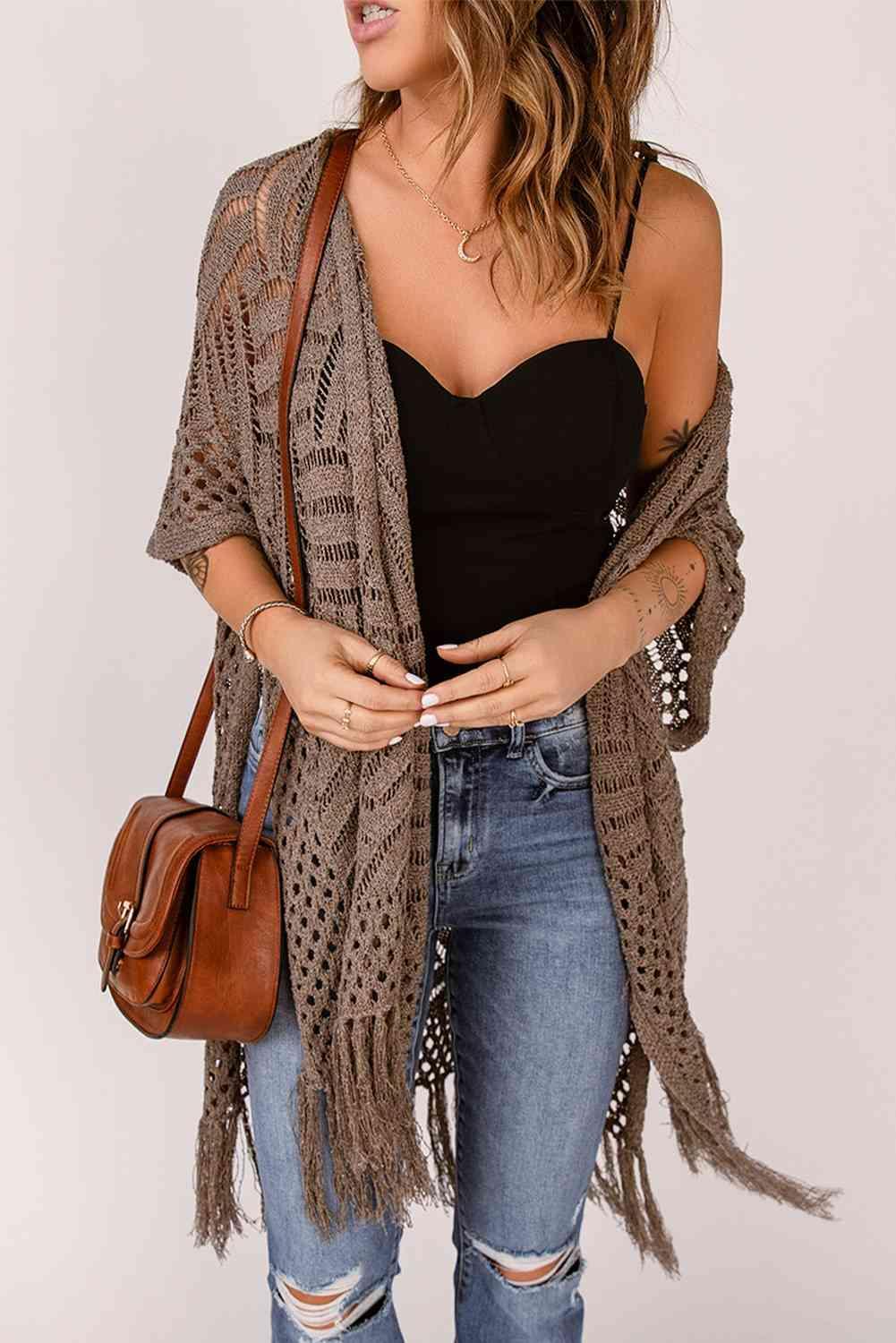 Boho Beauty Open Front Open Knit Fringe Cardigan-MXSTUDIO.COM