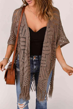 Boho Beauty Open Front Open Knit Fringe Cardigan-MXSTUDIO.COM