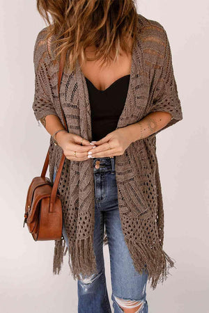 Boho Beauty Open Front Open Knit Fringe Cardigan-MXSTUDIO.COM