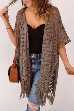 Boho Beauty Open Front Open Knit Fringe Cardigan-MXSTUDIO.COM