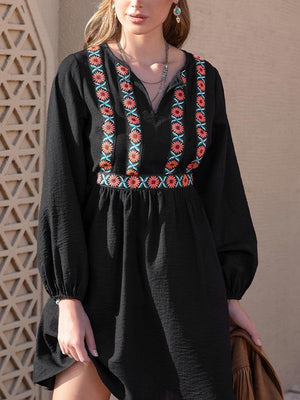 Boho Charm Long Sleeve Black Bohemian Dress - MXSTUDIO.COM