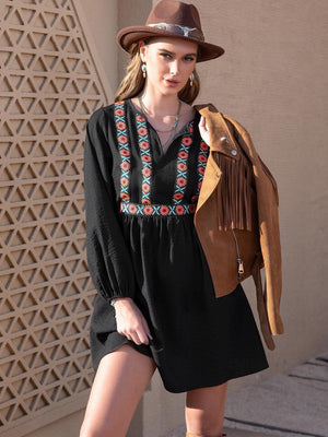 Boho Charm Long Sleeve Black Bohemian Dress - MXSTUDIO.COM