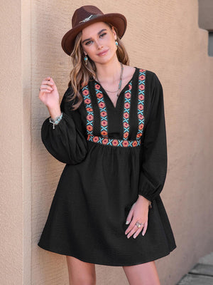 Boho Charm Long Sleeve Black Bohemian Dress - MXSTUDIO.COM