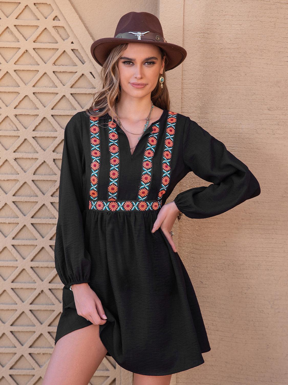Boho Charm Long Sleeve Black Bohemian Dress - MXSTUDIO.COM