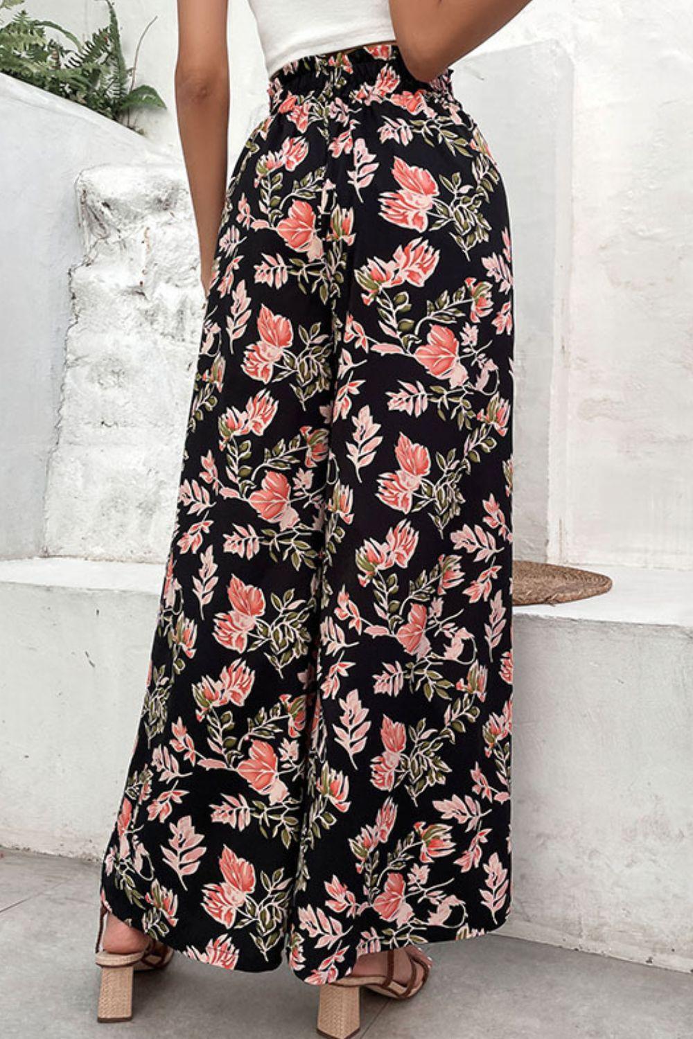 Boho Flair Pull-On Black Floral Palazzo Pants - MXSTUDIO.COM