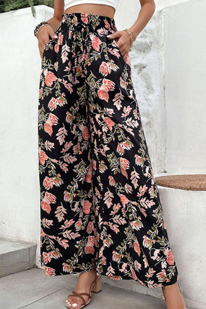 Boho Flair Pull-On Black Floral Palazzo Pants - MXSTUDIO.COM