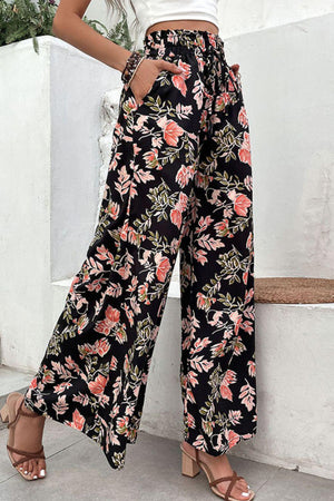 Boho Flair Pull-On Black Floral Palazzo Pants - MXSTUDIO.COM
