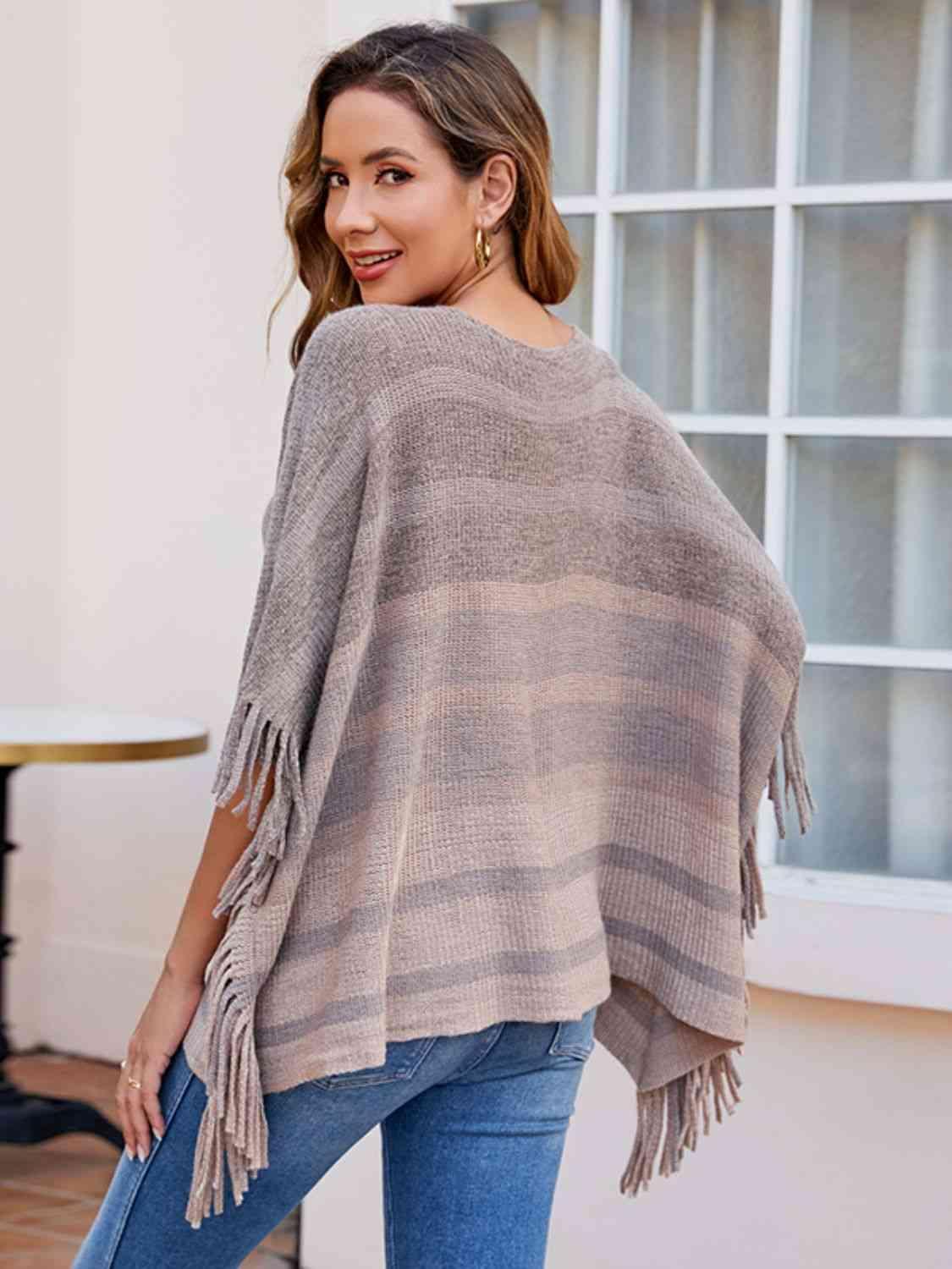 Boho Vibe Boat Neck Fringe Poncho-MXSTUDIO.COM