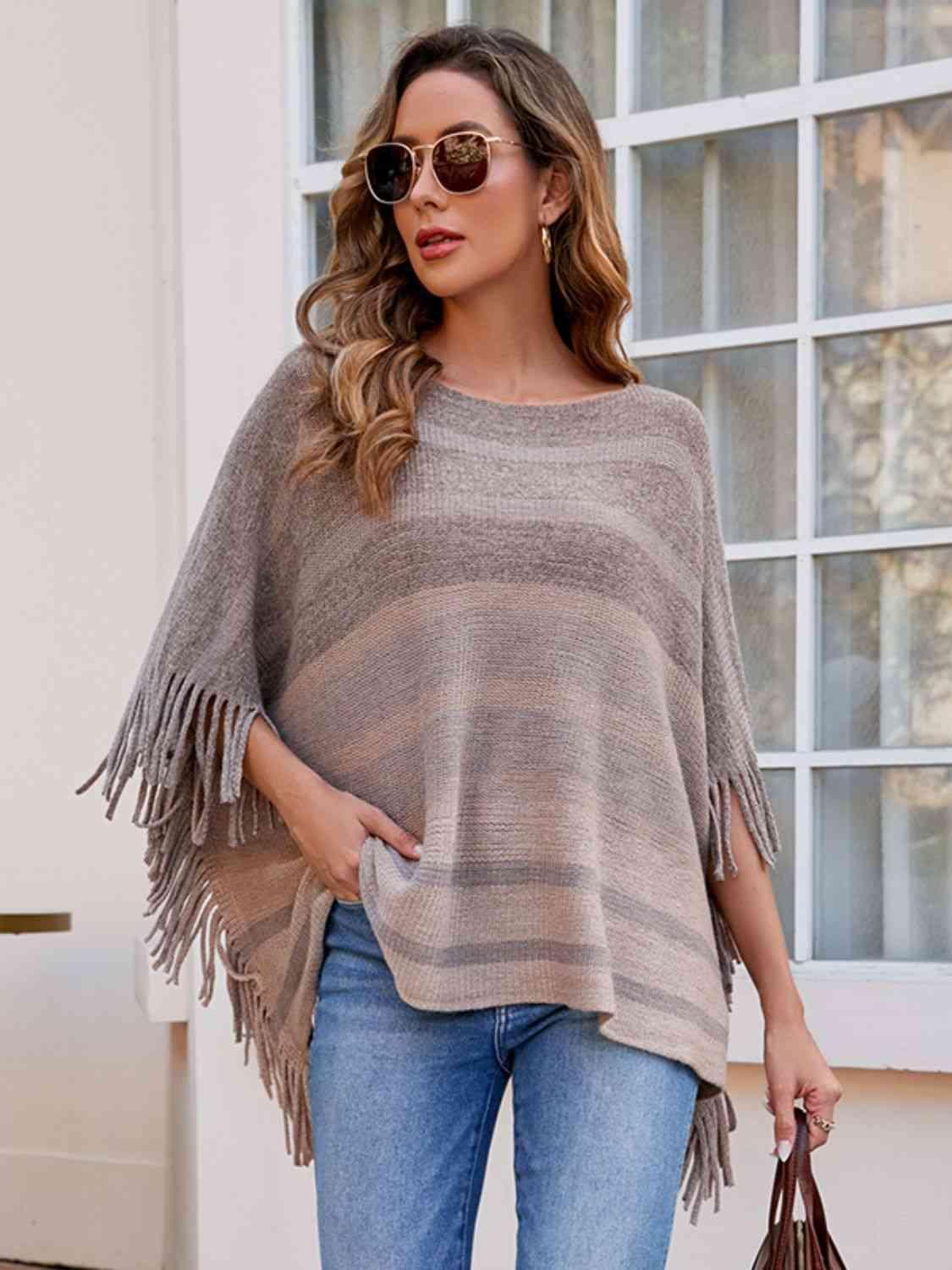 Boho Vibe Boat Neck Fringe Poncho-MXSTUDIO.COM