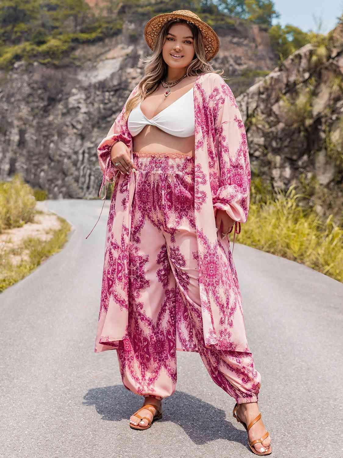 Boho Vibe Plus Size Open Front Cardigan and Pants Set - MXSTUDIO.COM