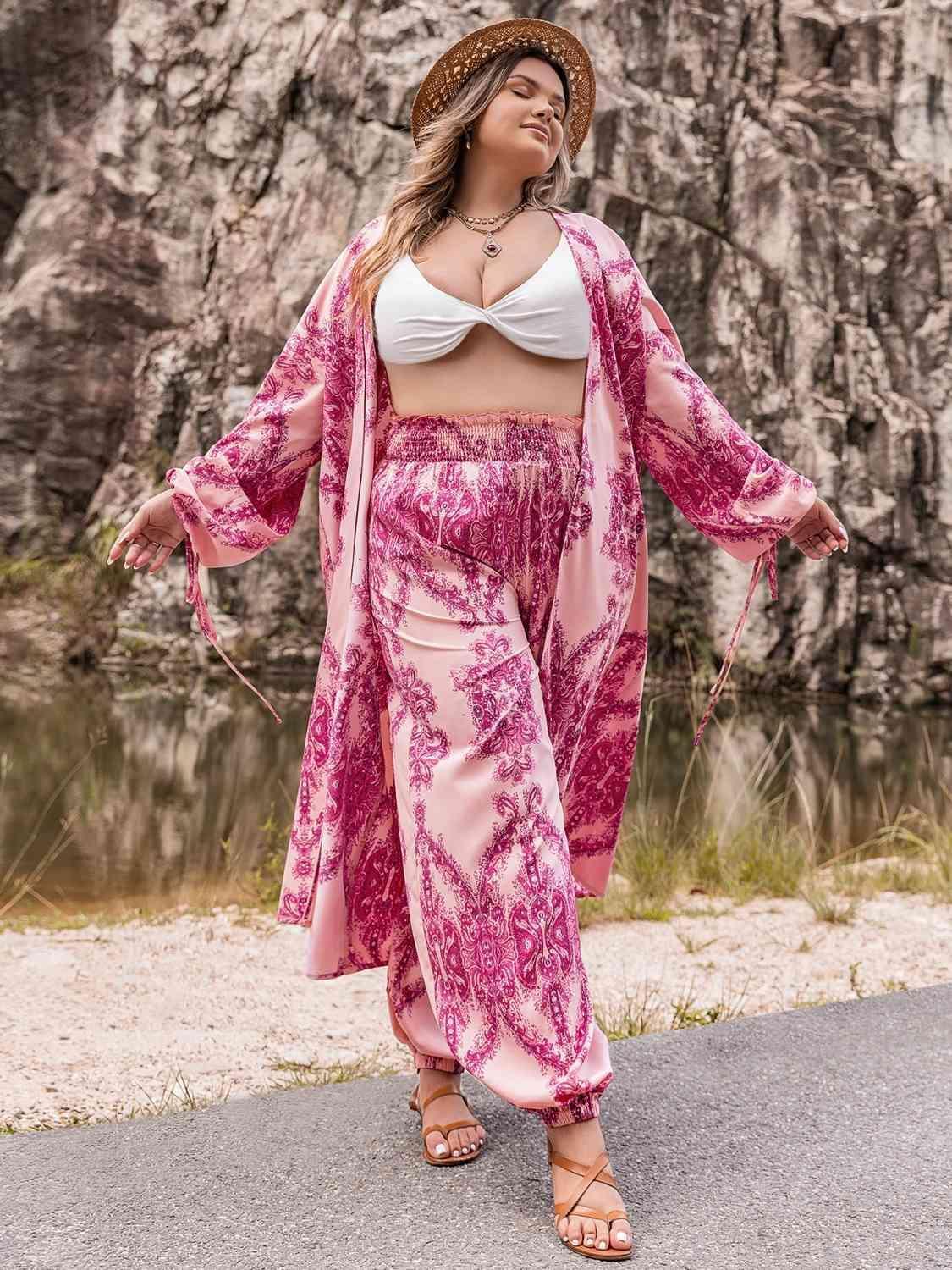 Boho Vibe Plus Size Open Front Cardigan and Pants Set - MXSTUDIO.COM