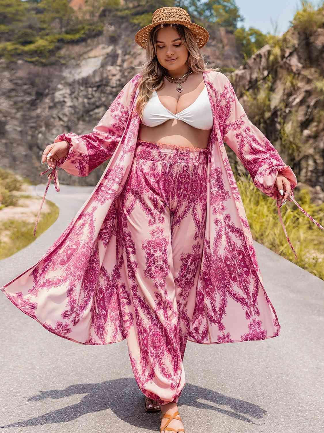 Boho Vibe Plus Size Open Front Cardigan and Pants Set - MXSTUDIO.COM