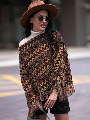 Boho Winter Boat Neck Knitted Fringe Poncho - MXSTUDIO.COM