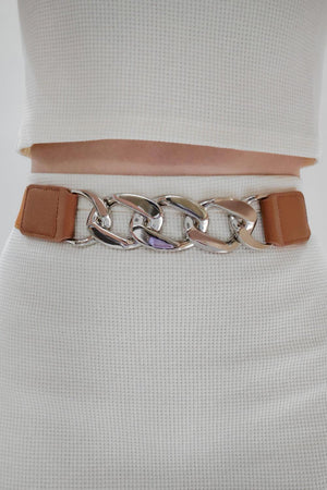 Bold And Confident Chain Detail PU Waist Elastic Belt - MXSTUDIO.COM