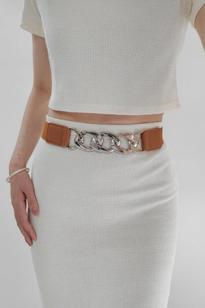 Bold And Confident Chain Detail PU Waist Elastic Belt - MXSTUDIO.COM