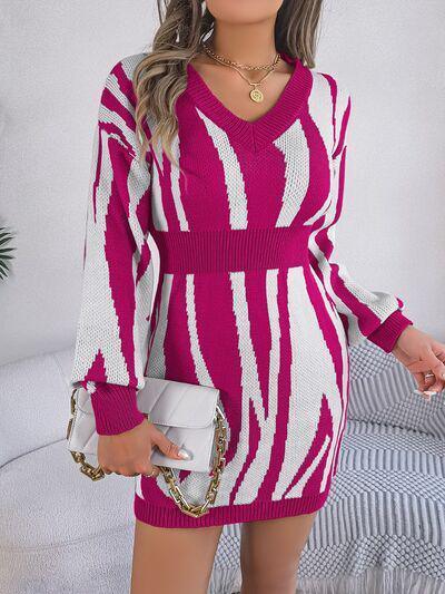 Bold And Wild Long Sleeve Zebra Print Sweater Dress-MXSTUDIO.COM