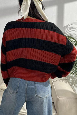 Bold Chic Red And Black Striped Cardigan-MXSTUDIO.COM