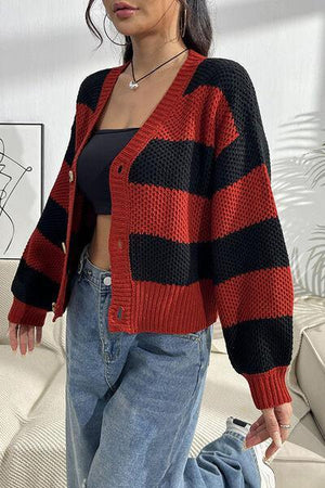 Bold Chic Red And Black Striped Cardigan-MXSTUDIO.COM