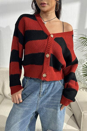 Bold Chic Red And Black Striped Cardigan-MXSTUDIO.COM