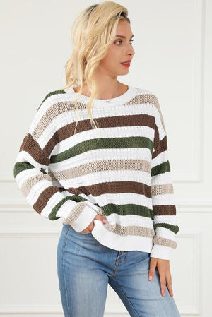 Breathable Warmth Open Knit Striped Sweater - MXSTUDIO.COM