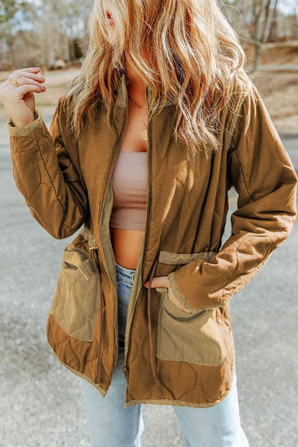 Breezy Chic Zip-Up Drawstring Waist Jacket-MXSTUDIO.COM