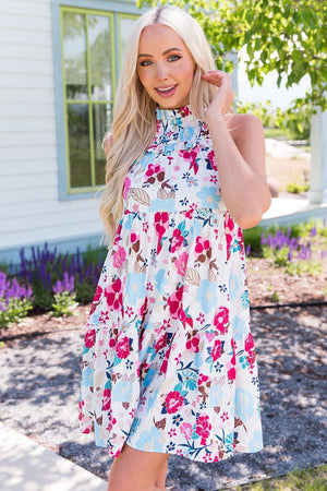 Bright And Breezy Sleeveless Mock Neck Floral Dress - MXSTUDIO.COM