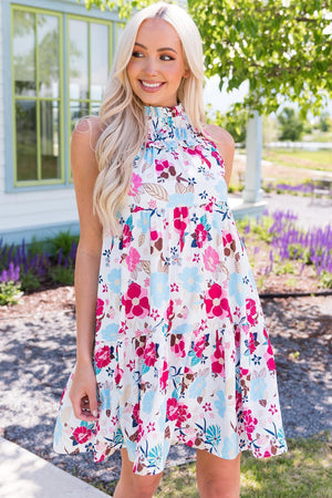Bright And Breezy Sleeveless Mock Neck Floral Dress - MXSTUDIO.COM