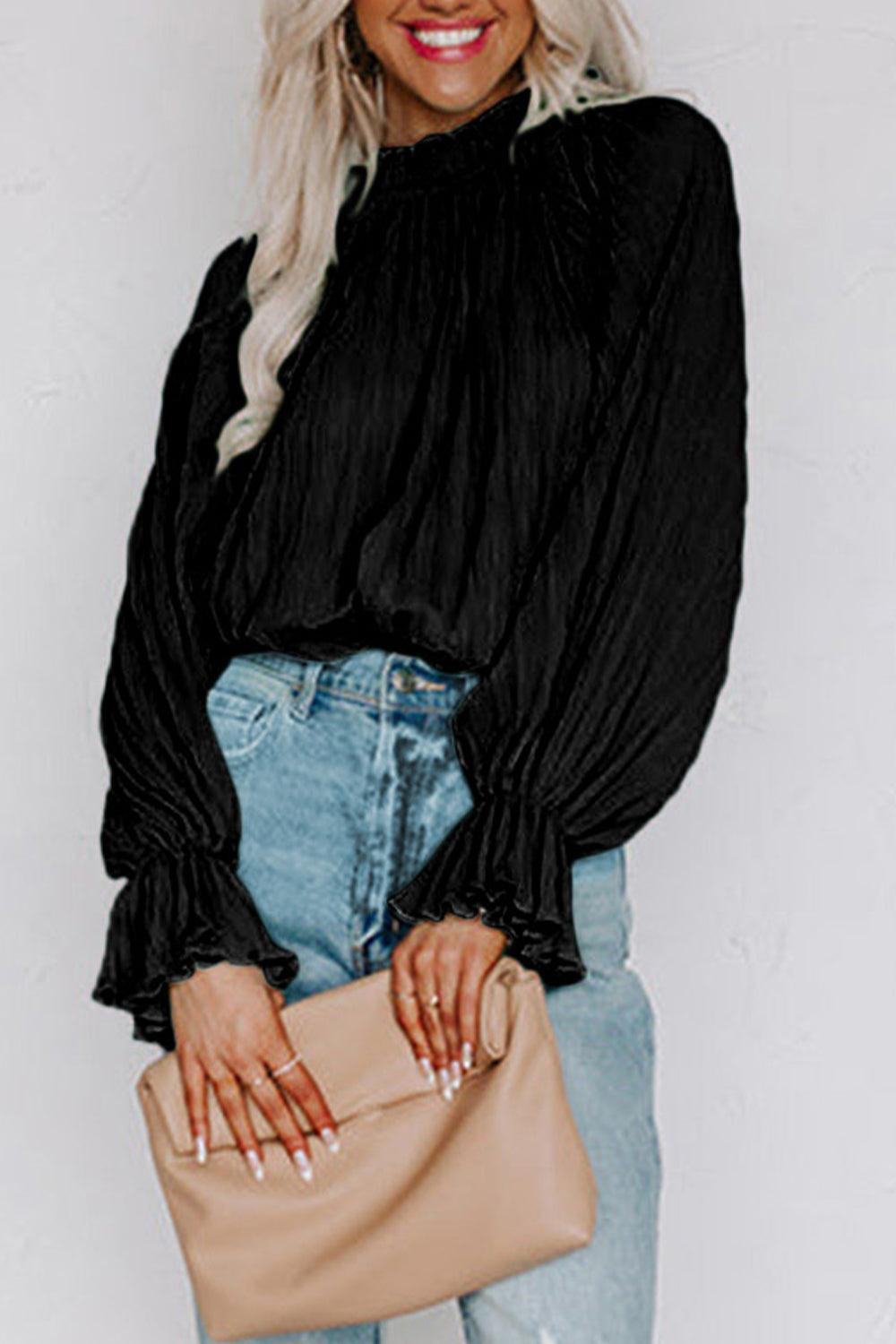 Bubbly Crew Neck Long Sleeve Blouse - MXSTUDIO.COM