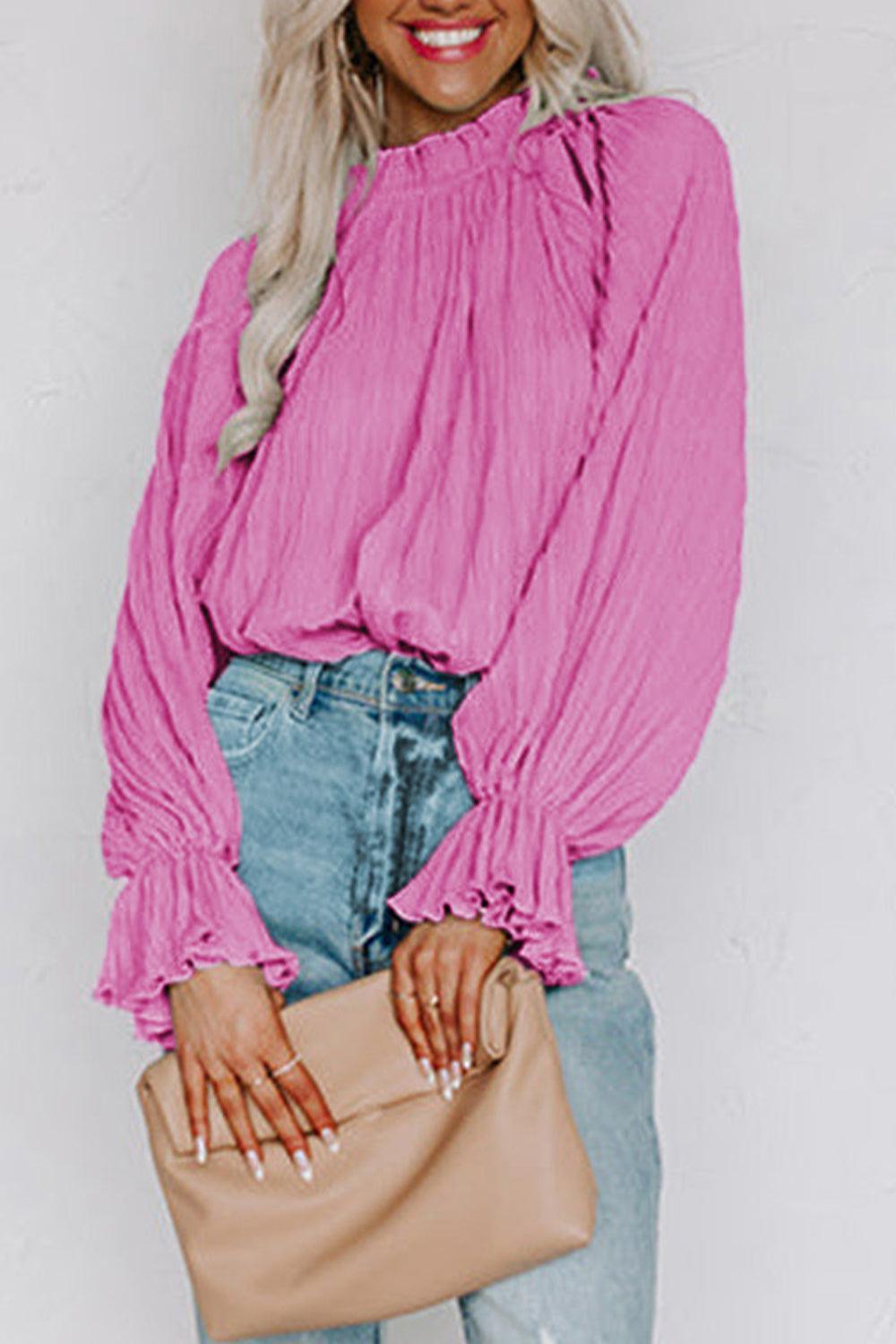 Bubbly Crew Neck Long Sleeve Blouse - MXSTUDIO.COM