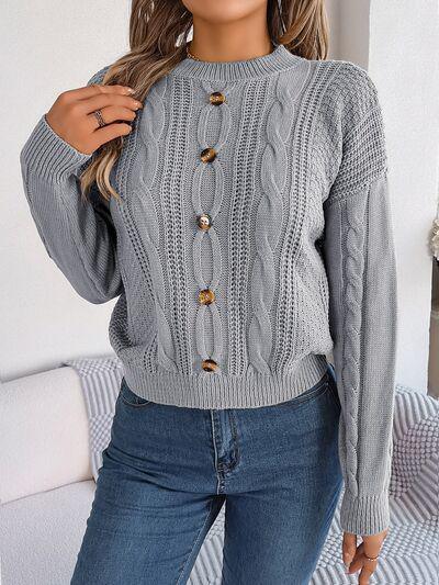 Button Detail Cable Knit Crew Neck Sweater-MXSTUDIO.COM