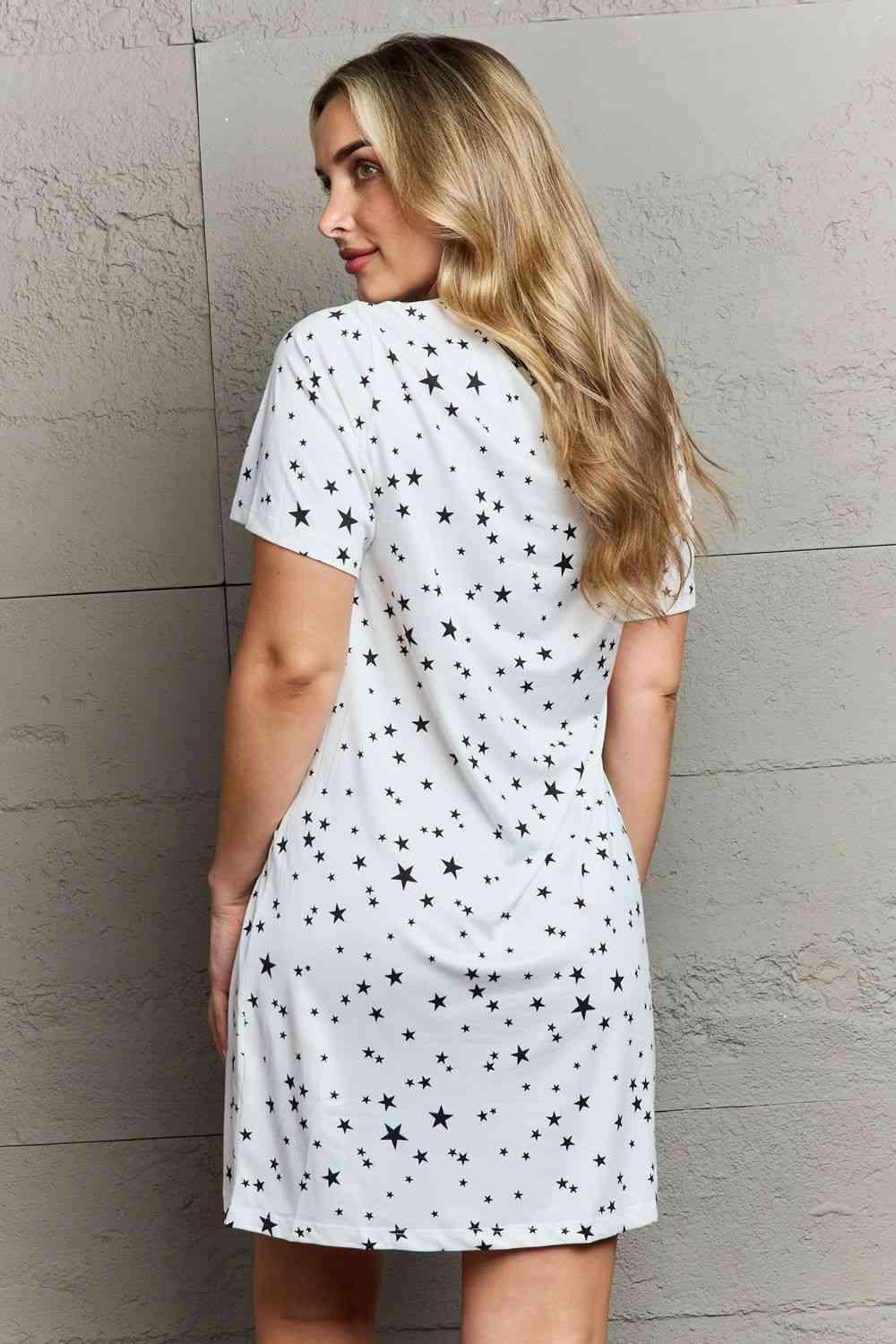 Button Down Star Printed White V Neck Nightgown - MXSTUDIO.COM