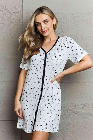 Button Down Star Printed White V Neck Nightgown - MXSTUDIO.COM