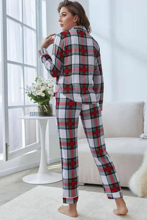 Button Front Top and Pants Plaid 2 Piece Lounge Set - MXSTUDIO.COM