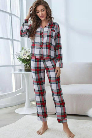 Button Front Top and Pants Plaid 2 Piece Lounge Set - MXSTUDIO.COM