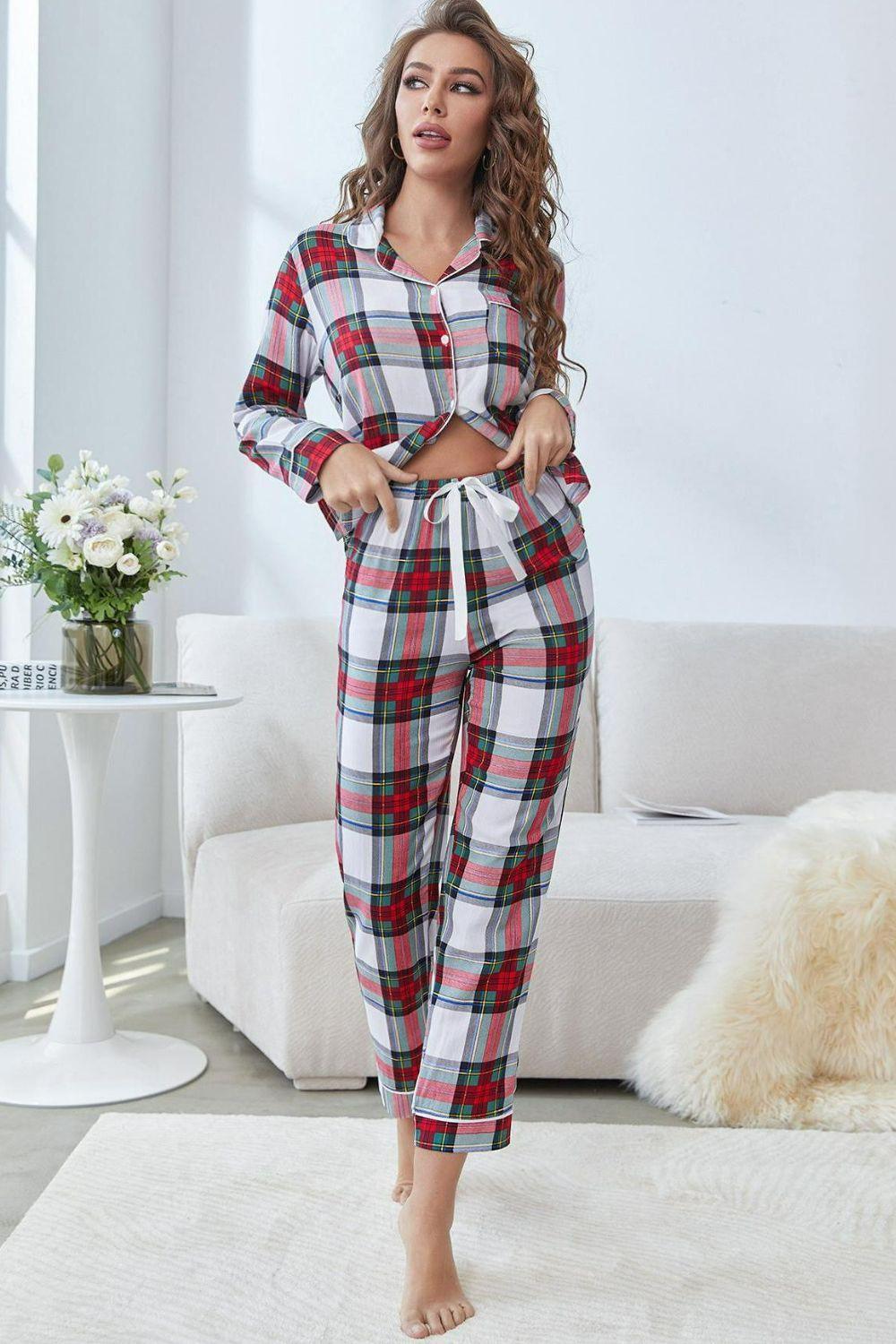 Button Front Top and Pants Plaid 2 Piece Lounge Set - MXSTUDIO.COM