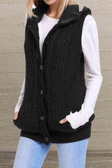 Button and Zip Closure Knit Hooded Sweater Vest-MXSTUDIO.COM
