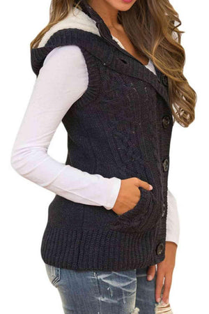 Button and Zip Closure Knit Hooded Sweater Vest-MXSTUDIO.COM