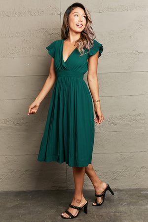 Calm Vibe A-Line Flutter Sleeve Green Midi Dress - MXSTUDIO.COM
