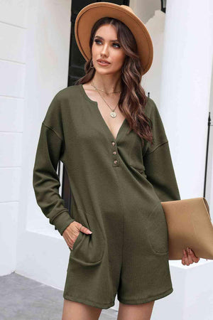 Calm Vibe Notched Neck Long Sleeve Romper - MXSTUDIO.COM