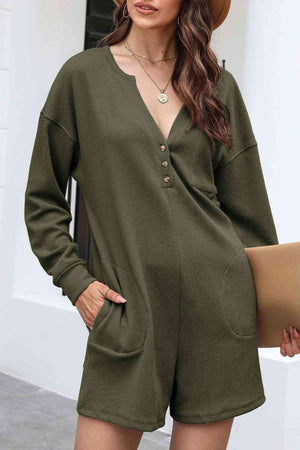 Calm Vibe Notched Neck Long Sleeve Romper - MXSTUDIO.COM