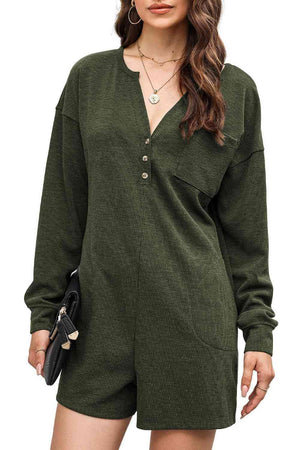 Calm Vibe Notched Neck Long Sleeve Romper - MXSTUDIO.COM