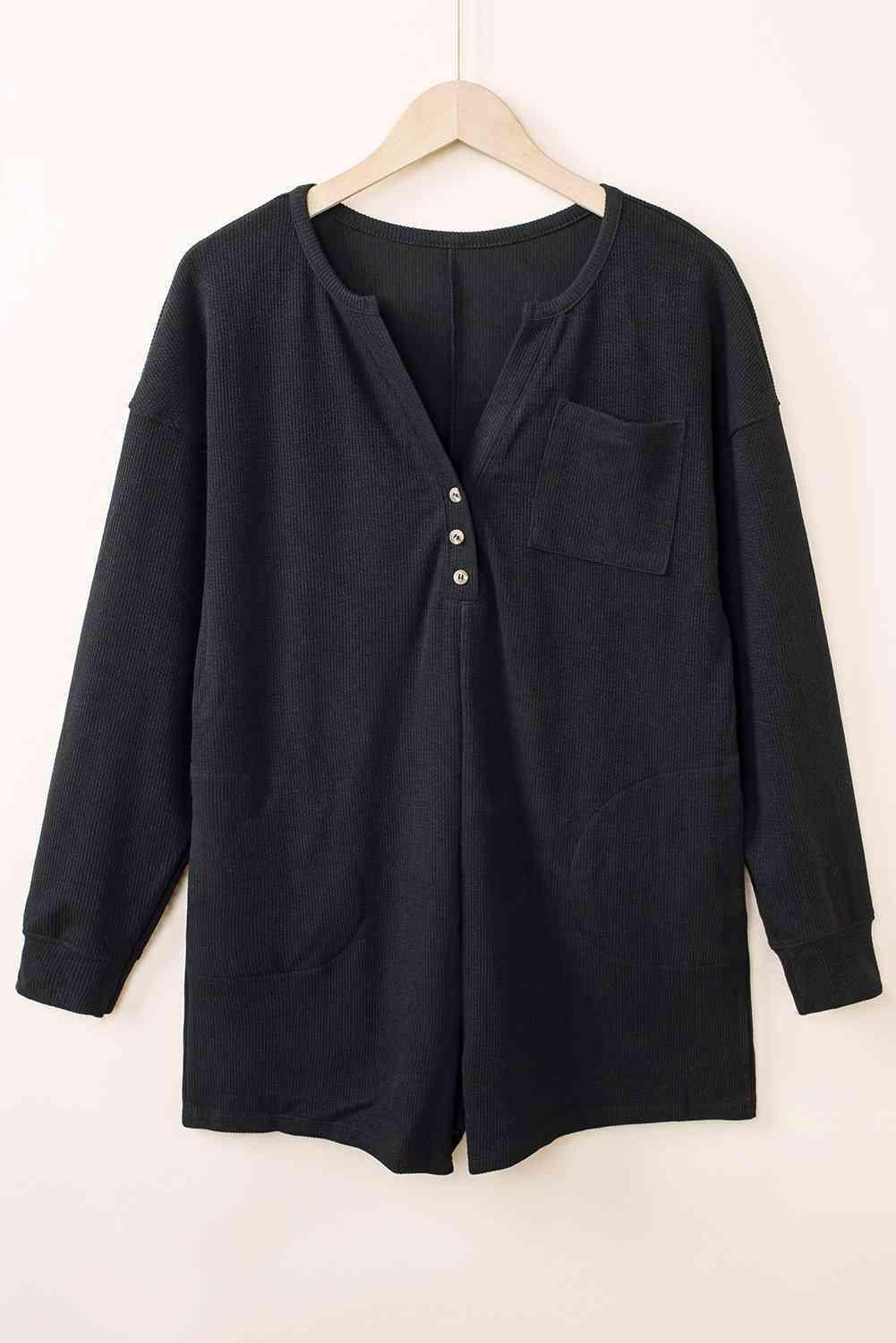 Calm Vibe Notched Neck Long Sleeve Romper - MXSTUDIO.COM