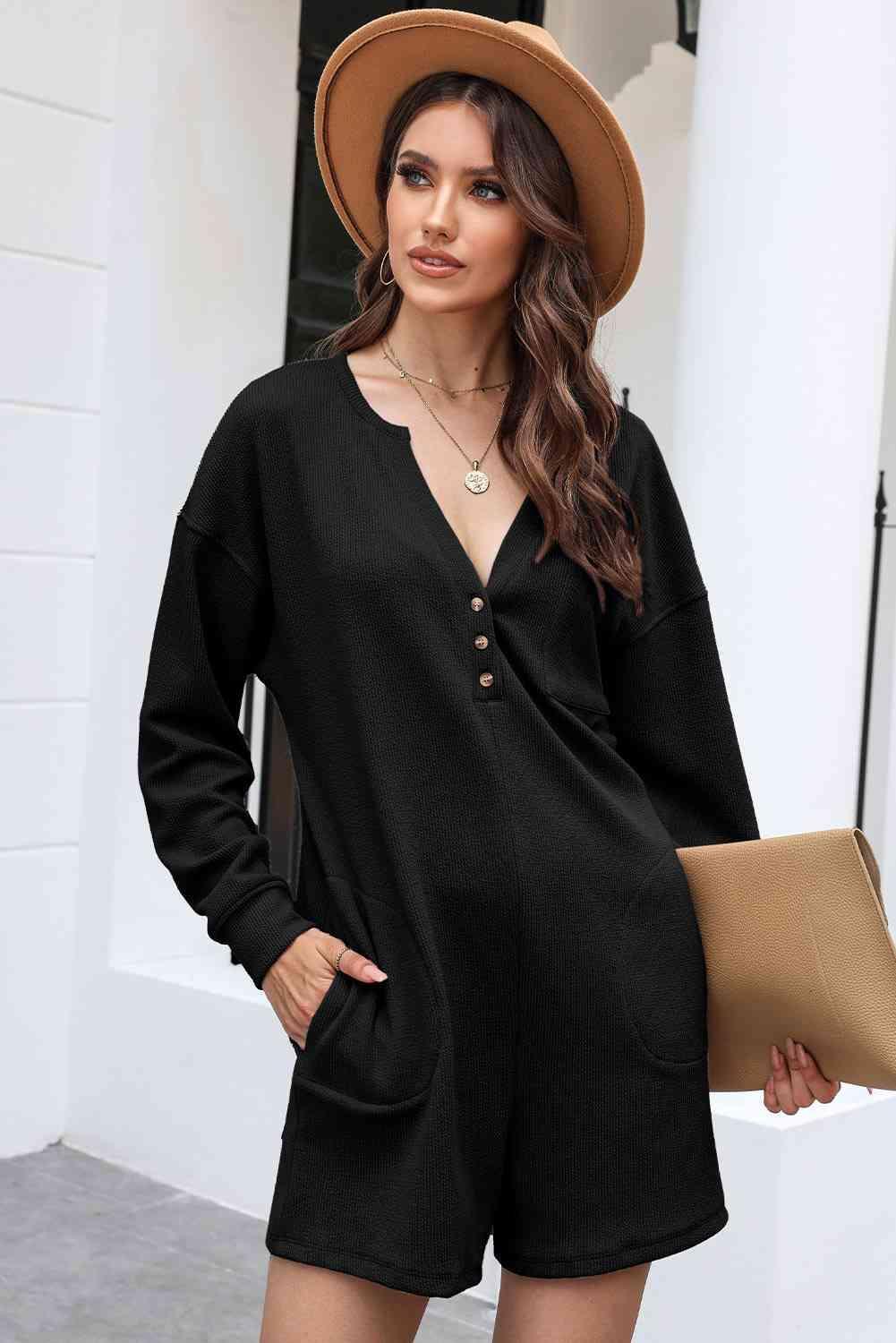 Calm Vibe Notched Neck Long Sleeve Romper - MXSTUDIO.COM