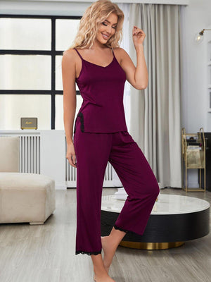 Calming Lace Trim Slit Cami and Pants Pajama Set - MXSTUDIO.COM